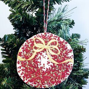 Hand Crafted Natural Wood Christmas Ornament Decoupage Christmas Berry Wreath